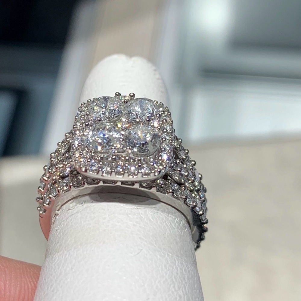 White Gold Authentic Diamond Halo Engagement Ring and Wedding Band Set